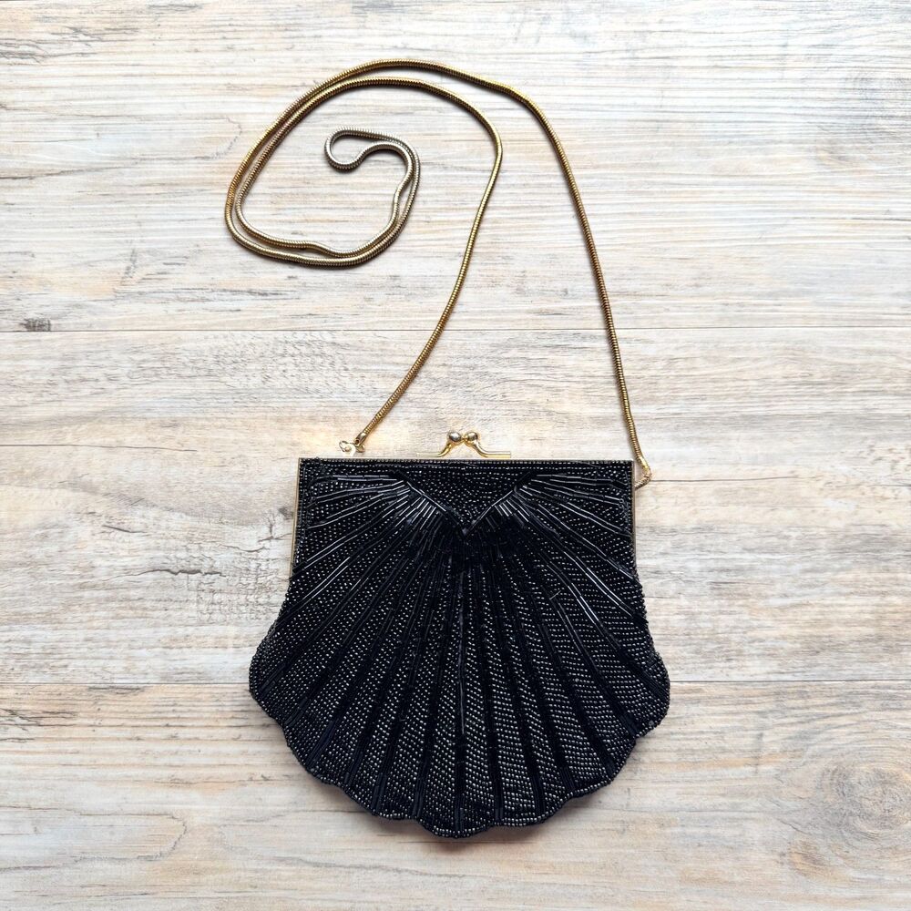 Vintage Black Beaded Evening Bag Art Deco Shell Purse Partners Mervyn’s 50s